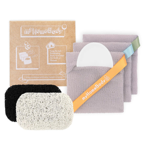 Soap Pocket Squares Exfoliating Soap Saver Pouch | Body Scrubber, Exfoliator Sponge for Bath or Shower | for 5oz Bar Soap or Leftover Bits | White Smoke, 3 Pack + 2 Soap Lifting Pads