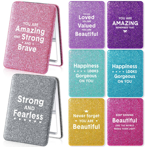 Panelee 8 Pcs Inspirational Compact Mirror Glitter Square Birthday Gifts for Women 1X/ 2X Double Sided Cosmetic Pocket Mirror Folding Pu Leather Small Mirror for Purse for Friend Female