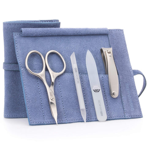GERMANIKURE 4pc Mini Professional Manicure Set in Light Blue Suede Case - FINOX Stainless Steel Tools Made in Solingen Germany, Glass Nail Care Supplies Made in Czech Republic