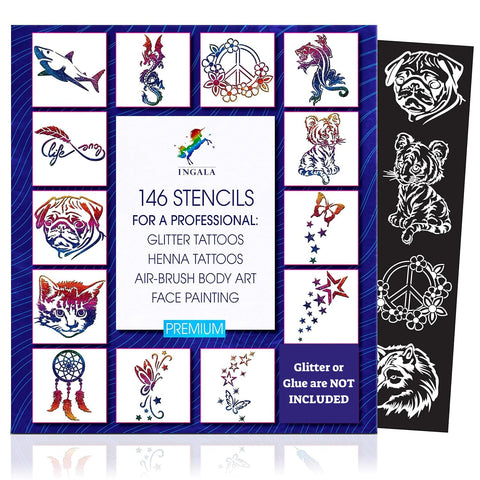 INGALA Premium Stencils Set - 146 Unique Artistic Glitter Tattoo Stencils for Kids, Teens and Adults. Suitable as Henna Tattoo stencils, Airbrush Stencils and Face Painting stencils
