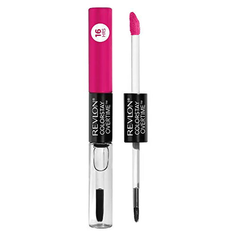 Revlon Liquid Lipstick with Clear Lip Gloss, ColorStay Face Makeup, Overtime Lipcolor, Dual Ended with Vitamin E in Pink, All Night Fuchsia (470), 0.07 Oz