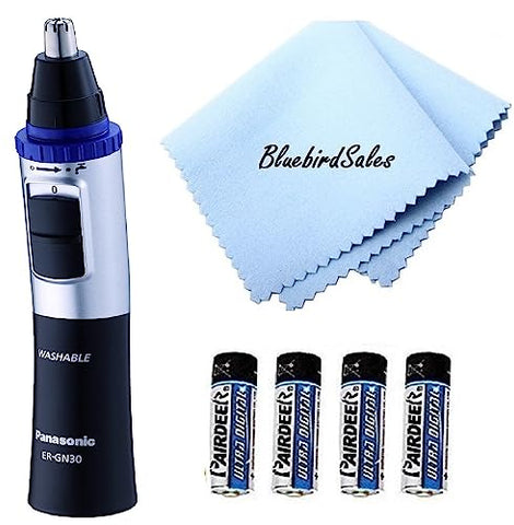 Panasonic Men's Cordless Wet/Dry Electric Razor Bundle: ER-GN30-K Nose & Facial Hair Trimmer + 4AA Batteries + BluebirdSales Deluxe Cleaning Cloth