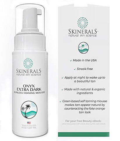 Skinerals Onyx Self Tanner Mousse for Natural Looking Dark Fake Tan for Medium and Olive Skin Tones. Vegan and Made with Natural and Organic Ingredients. (8 fl oz)