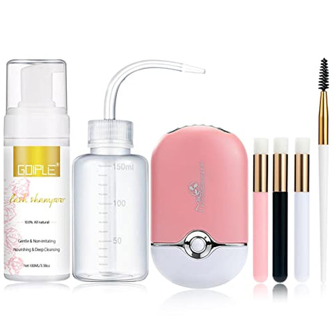 WOZUTUNT 100ml Eyelash Extension Cleanser Lash Mousse, USB Mini Portable Fan Rechargeable Electric Handheld Air Conditioning Shampoo Brush Plastic Wash Bottle Kit
