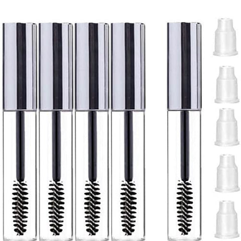 KEAIYYJ Empty Mascara Tubes and Wand for Castor Oil Dispenser Eyebrow/Eyelash Applicator Brush Spoolies with Tube Travel Refillable Cosmetic Containers Bottles, Silver 10 ml 5 Pack