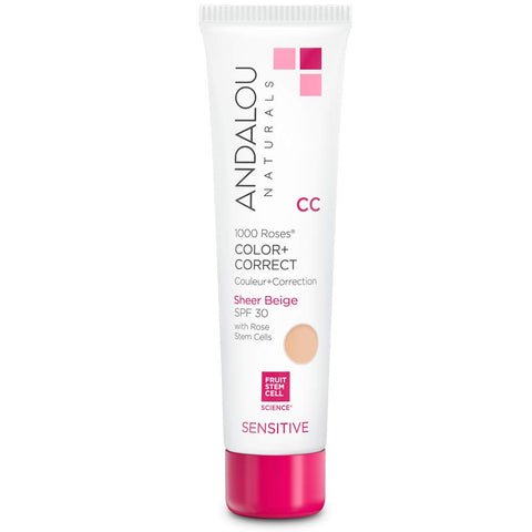 Andalou Naturals 1000 Roses CC Color + Correct with SPF 30, Sheer Beige, 2-in-1 Face Sunscreen + CC Cream for Sensitive Skin, Helps Correct Uneven Skin Tone, Reef Safe Sunscreen, 2 Fl Oz