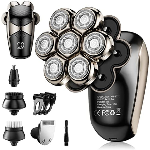 Detachable Head Shavers, SHPAVVER 5-in-1 Electric Razor IPX7 Waterproof for Bald Men, Wet/Dry LED Display Rechargeable 7D Rotary Shaver Grooming Kit with Type-C Charge (A)