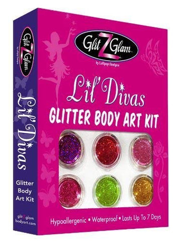 Lil Divas Glitter Tattoo Kit with 6 Large Glitters & 12 Stencils for Temporary Tattoos - Hypoallergenic and Dermatologist Tested!