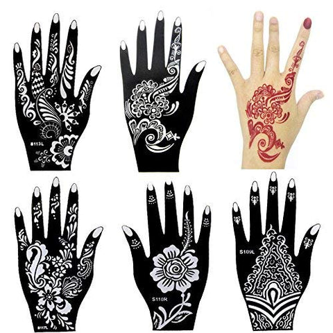 Xmasir 6 Sheets India Henna Tattoo Stencil Kit for Women Girl Hand Art Painting Temporary Tattoo Sticker Glitter Templates 7.87'' x 4''