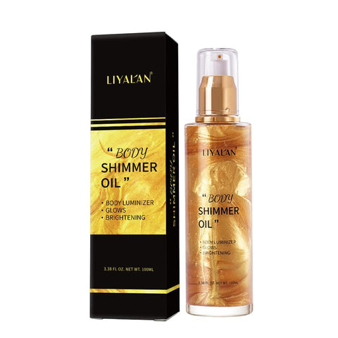 Liyalan Shimmer Body Oil Rose Gold 4 Color Bronze Face Brighten Glow Pearl Highlighter Illuminator Body Makeup Shine Glitter Gold Liquid Taning(3.38 Fl Oz/#02)