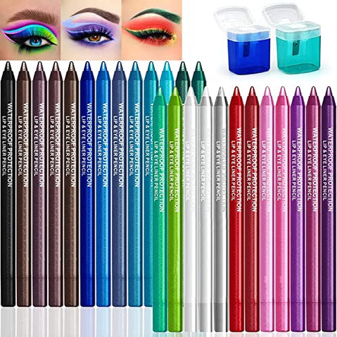 25 Color Eyeliner Pencil Set, Waterproof Eyeliner Pen Colorful Eyeliner with 2 Eyeliner Sharpener Glitter Eyeliner Kit Long Lasting Color Eyeliner Eye Makeup Set Gift Eye Liners for Women Girl (25 Colors)