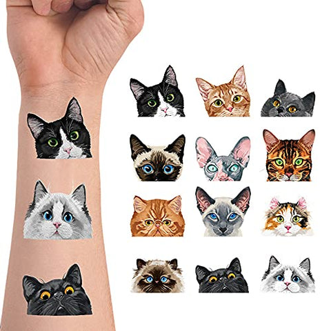 WIRESTER Temporary Tattoo Stickers for Girls Boys Kids Adults, Fake Tattoos on Face Hand Neck Wrist Party Favor Body Art, Tattoo Sheet 6 x 7.87 inch - Cat Designs (Tuxedo, Tabby Kitten, Ragdoll Cat)