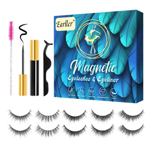 EARLLER Natural Magnetic Eyelashes with Eyeliner, (Dpair)