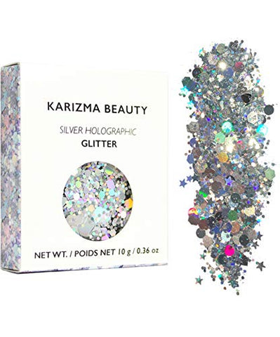 KARIZMA Holographic Silver Body Glitter. 10g Glitter for Chunky Face , Hair, Eye and Body for Women. Rave Glitter, Festival Accessories, Cosmetic Makeup. Loose Glitter Set