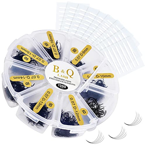 1200 Premade Fans Eyelash Extensions 5D-0.10C-9-16MIX B&Q LASH Pre Made Volume Lashes Handmade Loose Fans C D Curl Pointy Base Premade Fans Mixed Tray Mega Volume Lash Extensions (5D-0.10C,9-16MIX)