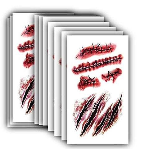10pcs Horror Realistic Fake Bloody Wound Stitch Scar Scab Waterproof Temporary Tattoo Sticker Halloween Masquerade Prank Makeup Props (10) (10pcs S165)