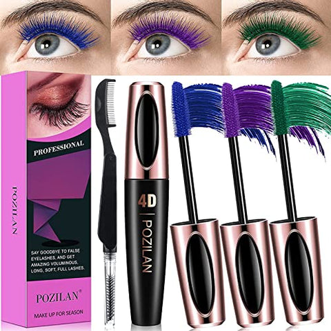 3 Pack Waterproof Colored Mascara Set for Eyelash Purple Blue Green with Folding Eyelash Comb Brush - Lengthening, Volumizing, Long-Lasting, Natural Eye Makeup