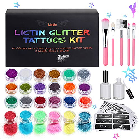 Lictin Temporary Glitter Tattoo Kit , 24 Colors Professional Glitter Tattoos for Kids ,Great Gifts for Girls Boys Birthday Party Summer Beach Festival and Halloween , Adults & Kids Glitter Make Up Kit with 117 Unique Stencils, 2 Glue, 5 Brushes