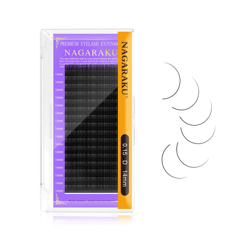 NAGARAKU Eyelash Extensions Individual Lashes 0.15 mm D curl 14mm Premium Classic Matte Black Faux Mink 16 Rows Natural Professional Beauty Salon Supplies