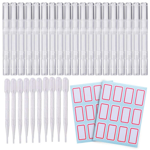 20 PCS Cuticle Oil Pens Transparent Twist Pens Cosmetic Container Empty Cuticle Nail Oil Pen With Brush Tip Lip Gloss Twist Pens Refillable Eyelash Growth Liquid Tube 10 Transfer Pipettes 2 Stickers