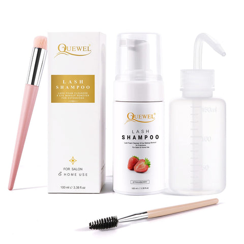 QUEWEL Lash Shampoo Strawberry 100ml Eyelash Shampoo For Lash Extensions Eyelid Foaming Cleanser With Lash Shampoo Brush And Bottle Paraben & Sulfate Free For Salon And Self Use(strawberry,100ml)