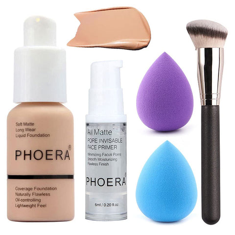 BestLand 5PCS Liquid Foundation Makeup Set Matte Liquid Full Coverage Oil Control Breathable Invisible Cover Concealer Foundation with Face Primer, Foundation Brush, Makeup Sponge (103 Warm Peach Makeup Set)