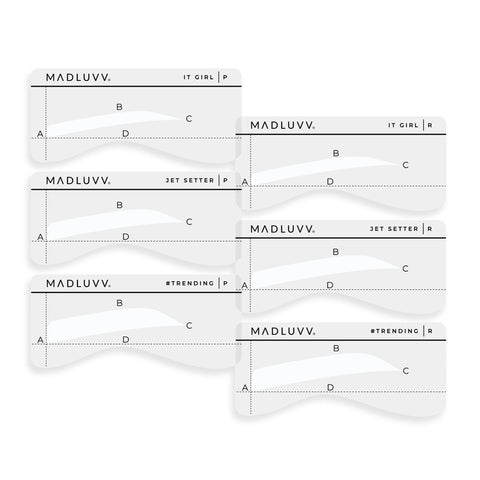 MADLUVV Eyebrow Shaper Stencils, Reusable Brow Microblading Template for PMU Professionals, Semi-Permanent Tattoo Makeup Mapping, 3 Pliable Plastic Shapes - 2 Width Sizes, 3 Thickness Levels - 6 Pack