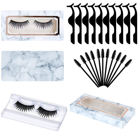 180pcs False Eyelash Kit Include 30 Eyelash Packaging Box Eyelash Storage Case, 30 False Eyelash Tray, 20 Eyelash Extension Tweezers Applicator Tool, 100 Eyelash Brush Mascara Wands Applicator(Marble)