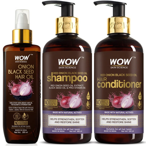 WOW Skin Science Onion Black Seed Ultimate Care Kit - Shampoo, Conditioner, Hair Oil - 800ml