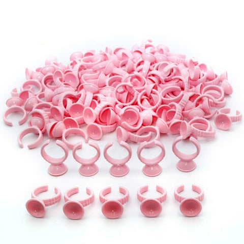 100PCS Pink Disposable Plastic Nail Art Tattoo Glue Rings Holder Eyelash Extension Rings Adhesive Pigment Holders Finger Hand Beauty Tools (Pink)
