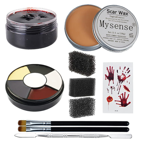 Mysense 3.5Oz(100g) Nose and Scar Wax SFX Zombie Make Up Special Effects Fake Molding Wound Skin Wax Halloween Stage Makeup with 6 Color Body Paint Spatula Fake Blood Gel Tatooes Stipple Sponges