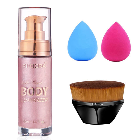 PHOERA Body Shimmer Luminizer Highlighter, Foundation Makeup Brush Flat Top Kabuki Brush, Waterproof Moisturizing and Glow For Face & Body, Face Body Glow Illuminator 1fl.oz. (104#Sparkle Pink)