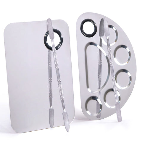 Makeup Palette, Makeup Mixing Palette, Stainless Steel Metal Foundation Palette with Spatula Artist Tool for Mixing Foundation Nail-Art, Cosmetic Mixing Makeup Palette, Makeup Plate, 6×4"/Silver/2pcs
