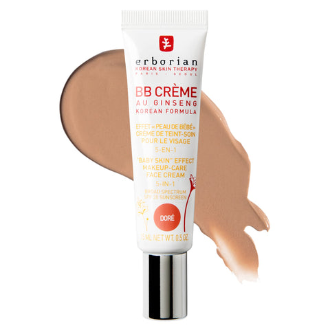 Erborian BB Cream with Ginseng, Tan (Dore) - Lightweight Buildable Coverage with SPF 20 & Ultra-Soft Matte Finish Minimizes Pores, Blemishes & Imperfections - Korean Face Makeup & Skincare - 0.5 Oz