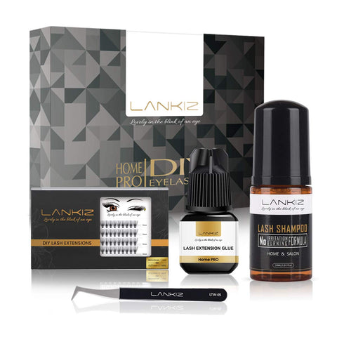 Home PRO DIY Lash Extension Kit for Home Use - LANKIZ Luxury Eyelash Extensions System for Self Application - Pack of Individual Lashes, Sensitive Eyelash Extension Glue, Lash Tweezer, Lash Shampoo