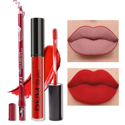 evpct 2Pcs Ruby Red Matte Lipstick and Lip Liner Stains Makeup Set DNM Hot Red Matte Liquid Long Lasting and Waterproof Lipsticks 24H Lip Gloss and Lip Liner Set labiales mate 24 horas originales 14#