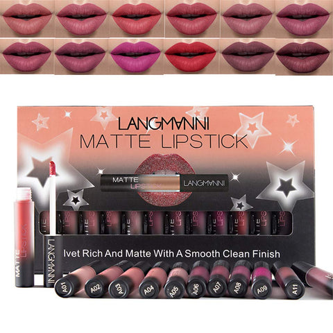 12pcs/Set Matte Liquid Lipstick Set, Waterproof Nutritious Velvet Long Lasting Liquid Lip gloss Red Tint Nude batom makeup set (A)