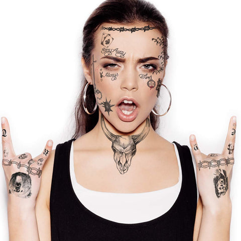 FashionTats Temporary Tattoos inspired by Post Malone -UPDATED 2022- to include Skull, Flail, Circular Saw & Hammer | HAND & FACE TATTOOS | Skin Safe | MADE IN THE USA| Removable