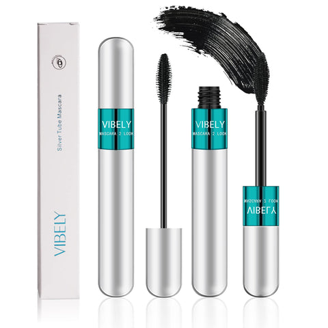 2 in 1 Mascara 5x Longer Waterproof Lash Cosmetics Natural Lengthening and Thickening Effect No Clumping Superstrong Magic 4d Silk Fiber for Vibely Mascara Makeup