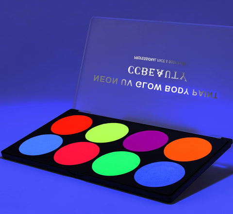 CCbeauty Pro Large UV Glow Face Body Paint Palette, 8 Neon Glow In The Black Lights Makeup, Water Based Activated Eyeliner Painting Palette, Non-Toxic Washable for Kids Adults, Halloween Costume Masquerades Club Makeup