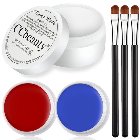 CCbeauty USA Flag Face Paint, Large Clown White(1.9Oz) Blue Red Face Body Paint Cream Foundation with 3 Brushes for America's Patriotic Events 4th of July, Independence Day, Clown Joker Makeup Halloween Cosplay Costume Parties