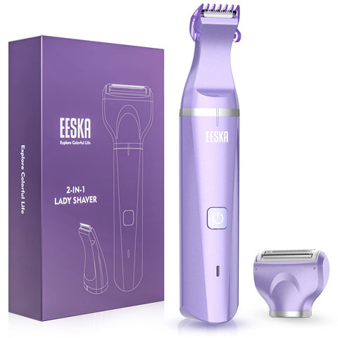 EESKA Bikini Trimmer for Women, 2-in-1 Electric Lady Clipper Pubic Hair Trimmer-Painless Hair Removal Groomer Kit Rechargable Ladies Shaver with 2 Trimmer Heads, IPX7 Waterproof(Purple)