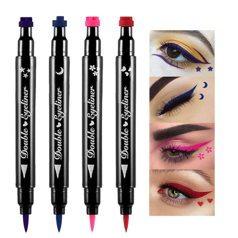 4Pcs Double-head Liquid Stamp Eyeliner Pencil, 5 in 1 Pink Flowers Red Heart Blue Moon Purple Star Shapes Face Stamps Makeup Colorful Waterproof Slim Gel Felt Tip High Pigment Liquid Eyeliner & Seal