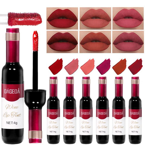 DAGEDA 6Pcs Wine Lip Tint, Matte Lipstick Lip Stain Set Long Lasting Waterproof Lip Stain Set, 6 Colors Velvety Liquid Wine Bottle Lip Gloss, Non-stick Cup Lip Makeup Gift Kit for Girls Women (A Set)