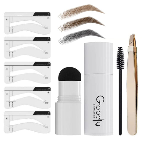 GOODLY by ELAN GOLD Eyebrow Stamp Stencil Kit w/Bonus Eyebrow Tweezer Included | Perfect for One Step Eyebrow Shaping | Waterproof and Long Lasting Finish, Medium Brown