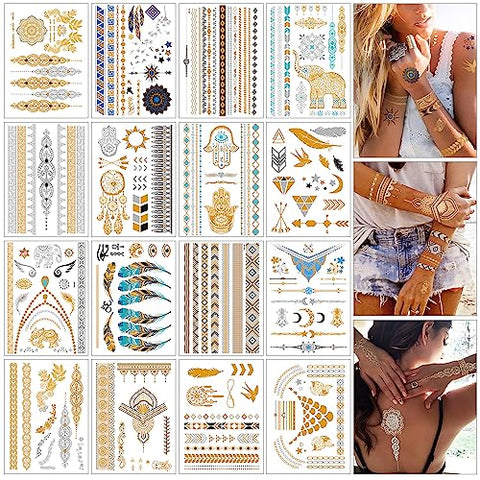 Flash Tattoos,16 Sheets 160+ Designs Flash Gold Temporary Tattoos,Girl Golden Festival Sun Moon Star Butterfly Glitter Tattoo Sticker,The perfect festival & party accessory