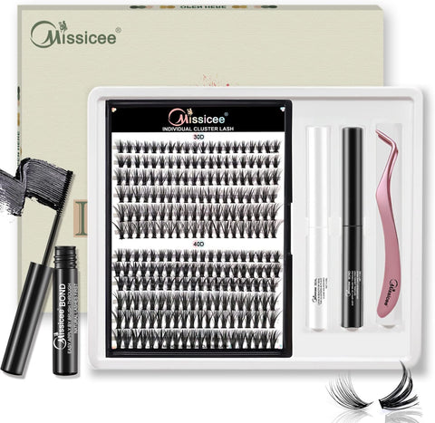 Missicee DIY Lash Extension Kit, 240Pcs Lash Clusters, Individual Lash Extensions at Home, 30D/40D 8-12mm Individual Lashes Kit with Lash Bond and Seal, Easy Wear Resuable Soft Lashes Natural Look, Cluster Eyelash Extensions (D Curl)