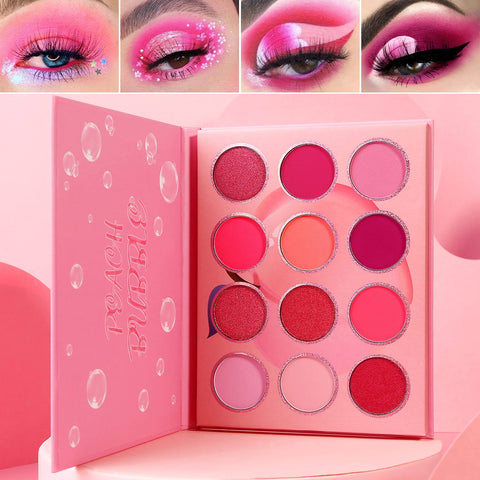 Afflano Pink Eyeshadow Palette Makeup, Pigmented Blendable Pink Eye Shadow Pallet Matte Shimmer, Bright Red Violet Small Cute Peach Eye Palette 12 Color, for Girl Women Mother's Gift