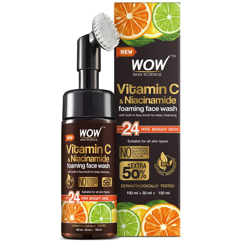 Wow Brightening Vitamin C Foaming Face Wash With Built In Face Brush For Deep Cleansing, 150 ml