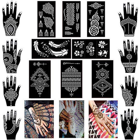 XMASIR Henna Tattoo Kit Stencils, 16 Sheets Temporary Reusable Tattoo Sets Indian Arabian Temporary Tattoo Templates Kit for Body Art Paint